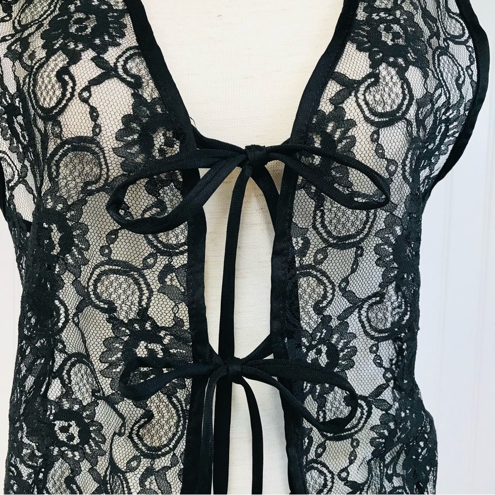 VINTAGE Sheer‎ Black Lace Tie Front Vest Top Small Goth Fairycore Grunge Y2K 90s - Picture 3 of 8